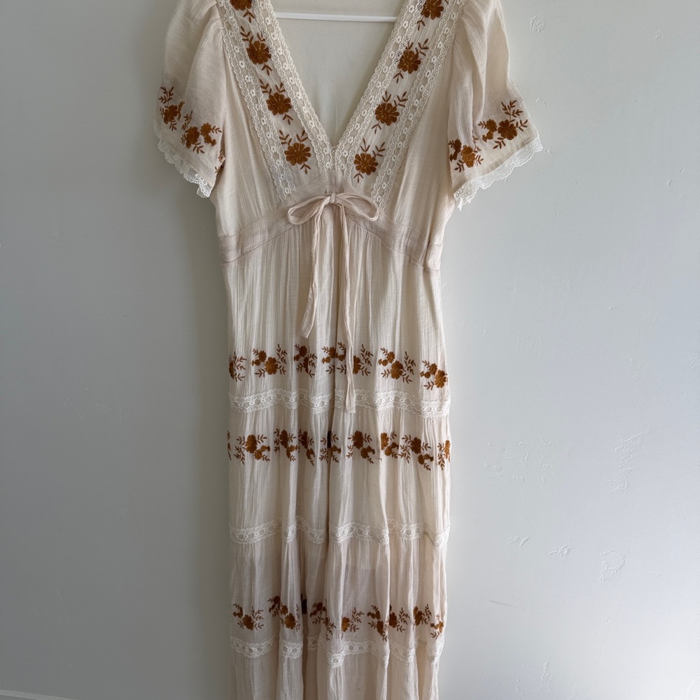 Bohemian Cream Maxi Dress with Brown Floral Embroidery and Tie Waist